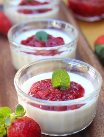 Baked Yogurt Pudding with Fresh Strawberry Compote